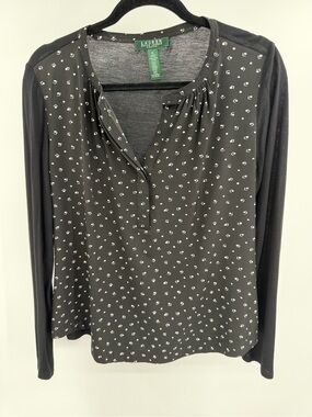 Lauren Ralph Lauren Black Printed Long-Sleeve Henley Top Mixed Media Size LP